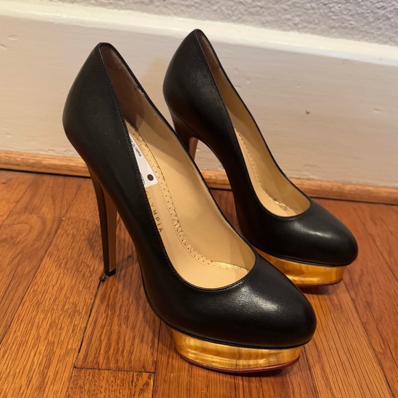 $1,100 Charlotte Olympia Dolly Black Leather pumps gold stilettos heels revolve - Picture 5 of 9